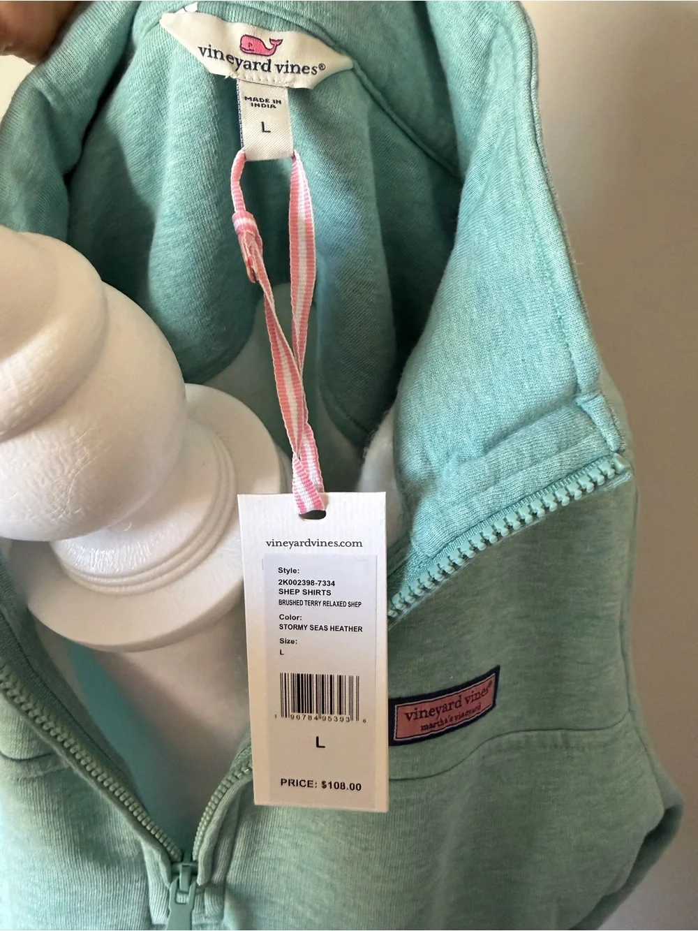NWT Vineyard Vines Stormy Seas Heather Mint Quarter-Zip Pullover Size L